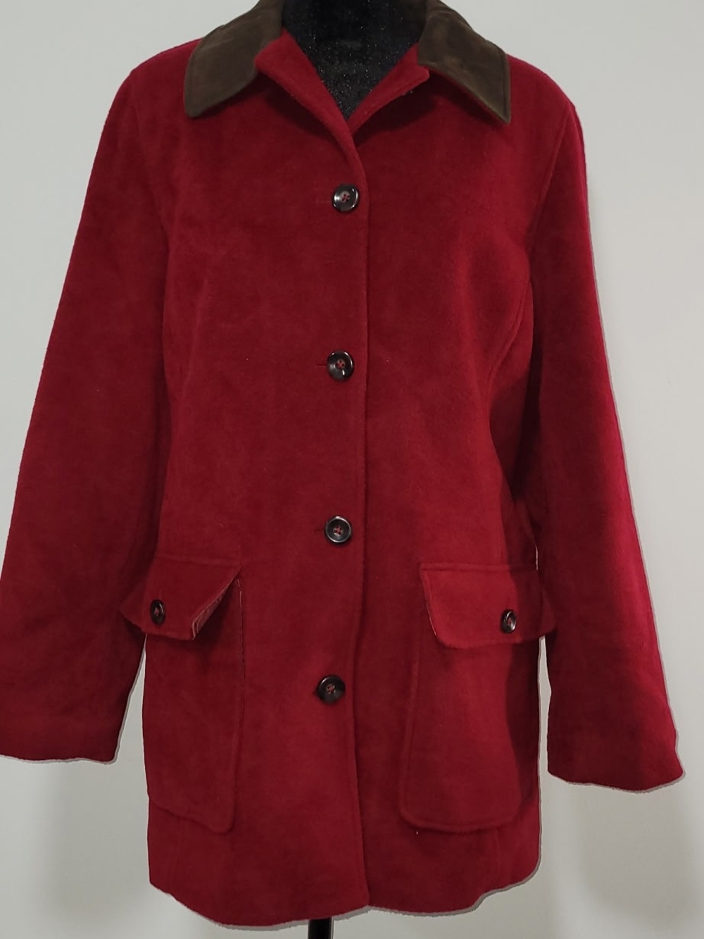 L.L. Bean Deep Red Trench Coat with Brown Collar